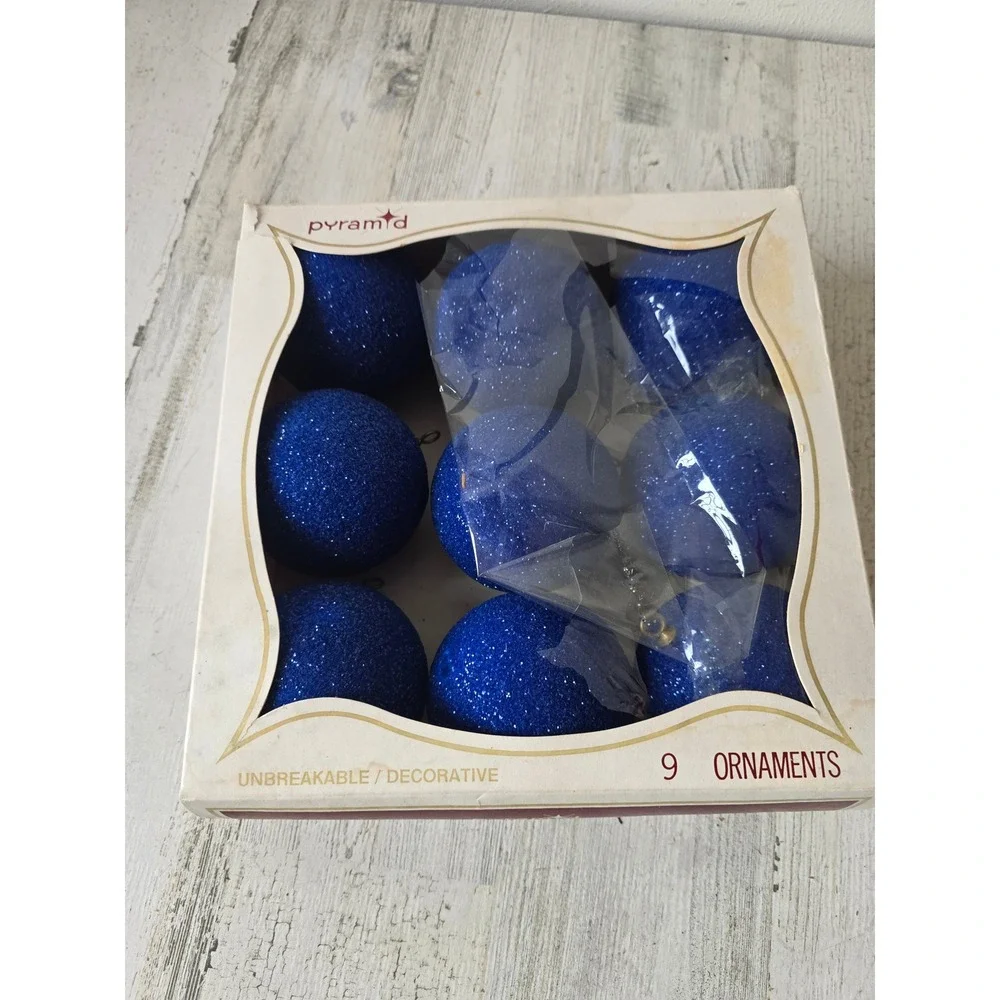 Vintage unbreakable pyramid blue glitter ornament set Xmas tree